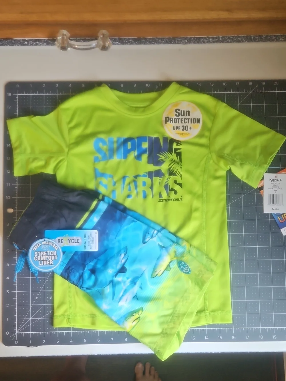 ZeroXposur Lime Green Rash Guard & Blue-Green Shark Print Swim Trunks